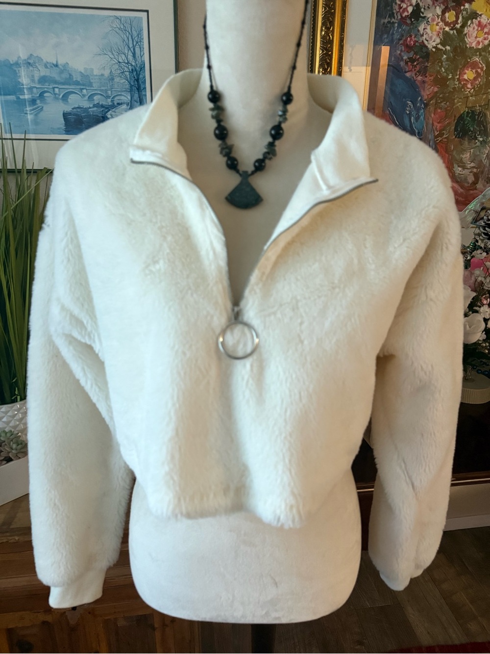 Cozy Cream Teddy Half-Zip Jacket with Ring Pull